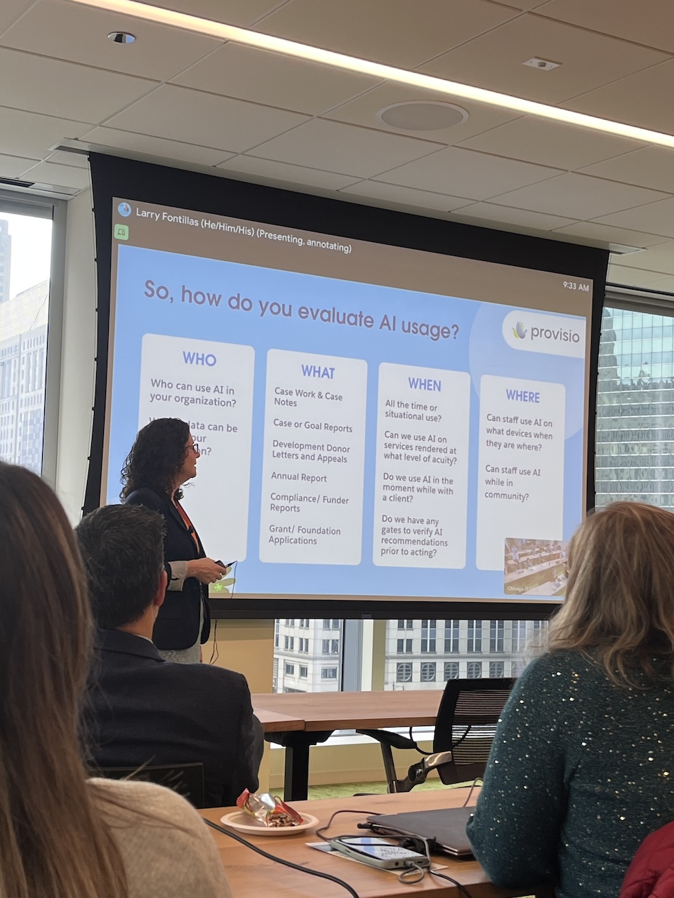 Presentation material focused on evaluating AI usage in a practical event setting.